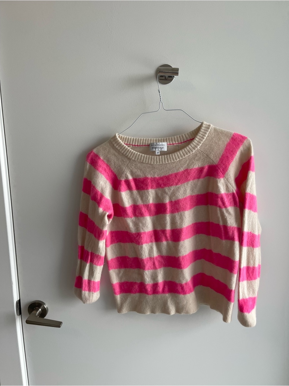 White + Warren Cream and Hot Pink Striped Crewneck Sweater